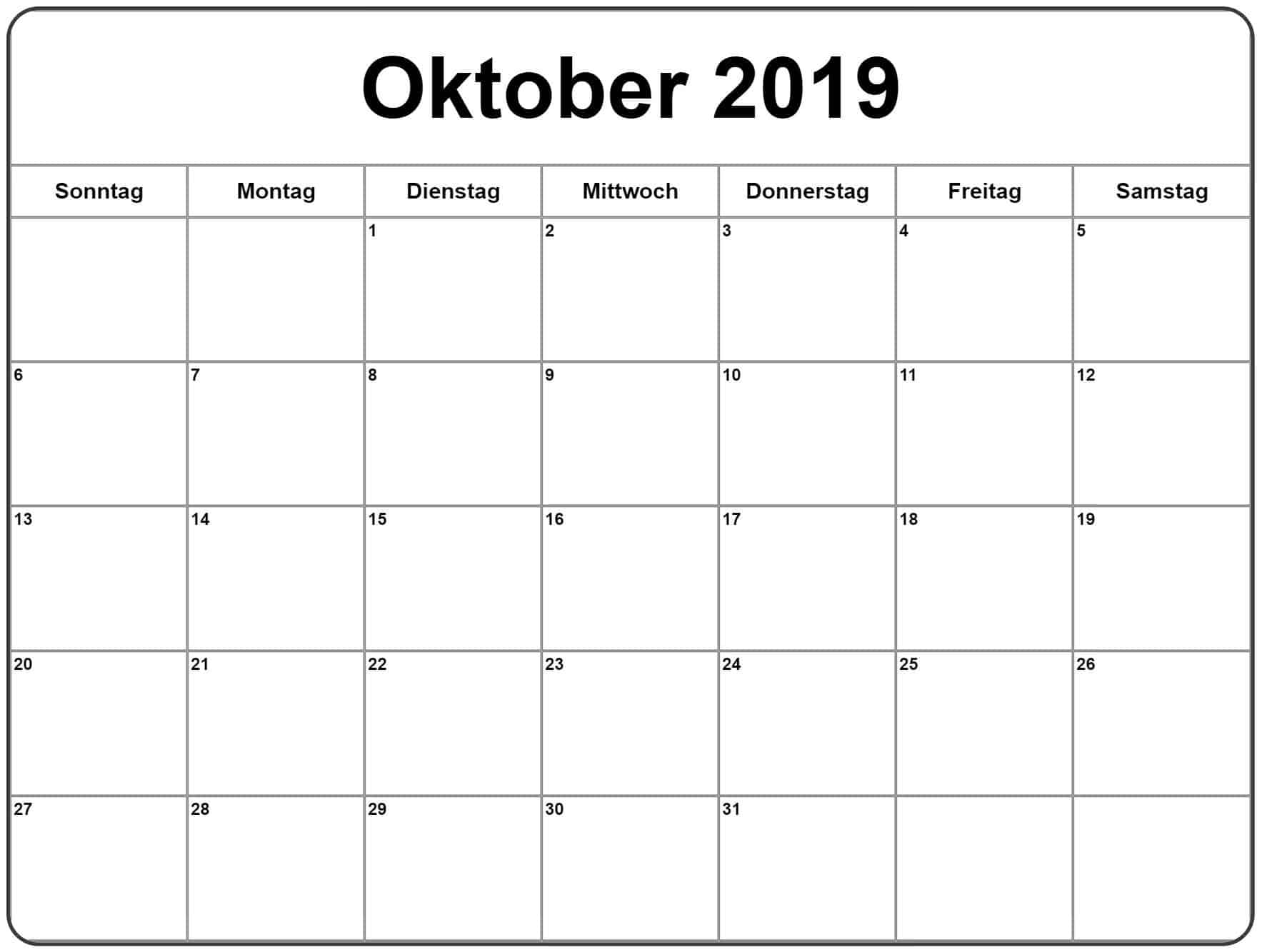 Oktober 2019 Planer Kalender