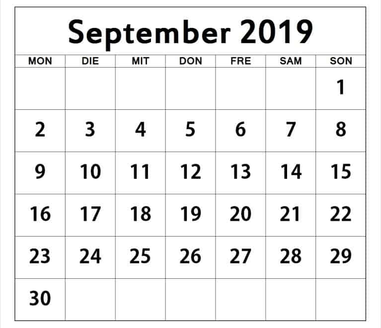 Blatt Kalender September 2019