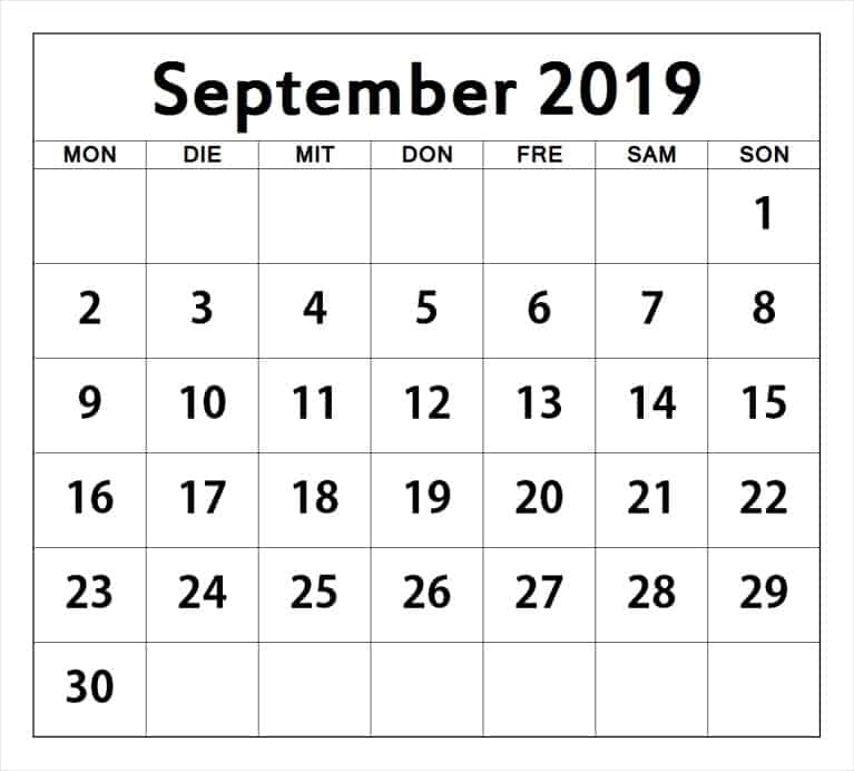 Blatt Kalender September 2019