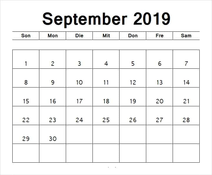 September 2019 Kalender Monatlich 