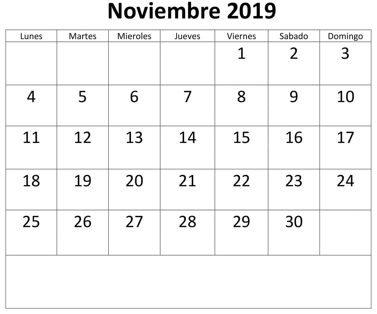 Calendario Noviembre 2019 Para Imprimir
