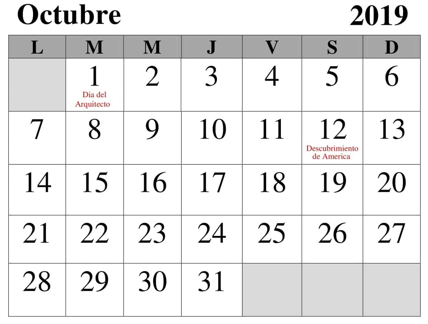 Calendario Octubre 2019 Con Festivos