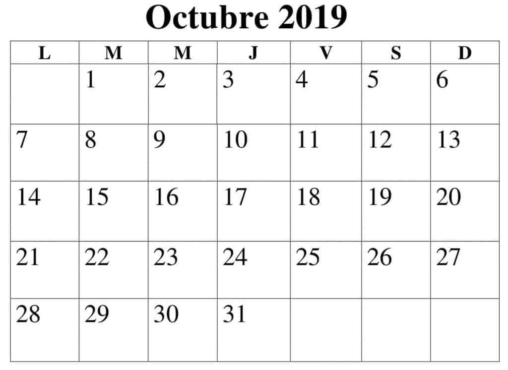 Calendario Octubre 2019 para Imprimir - Inicio Domingo