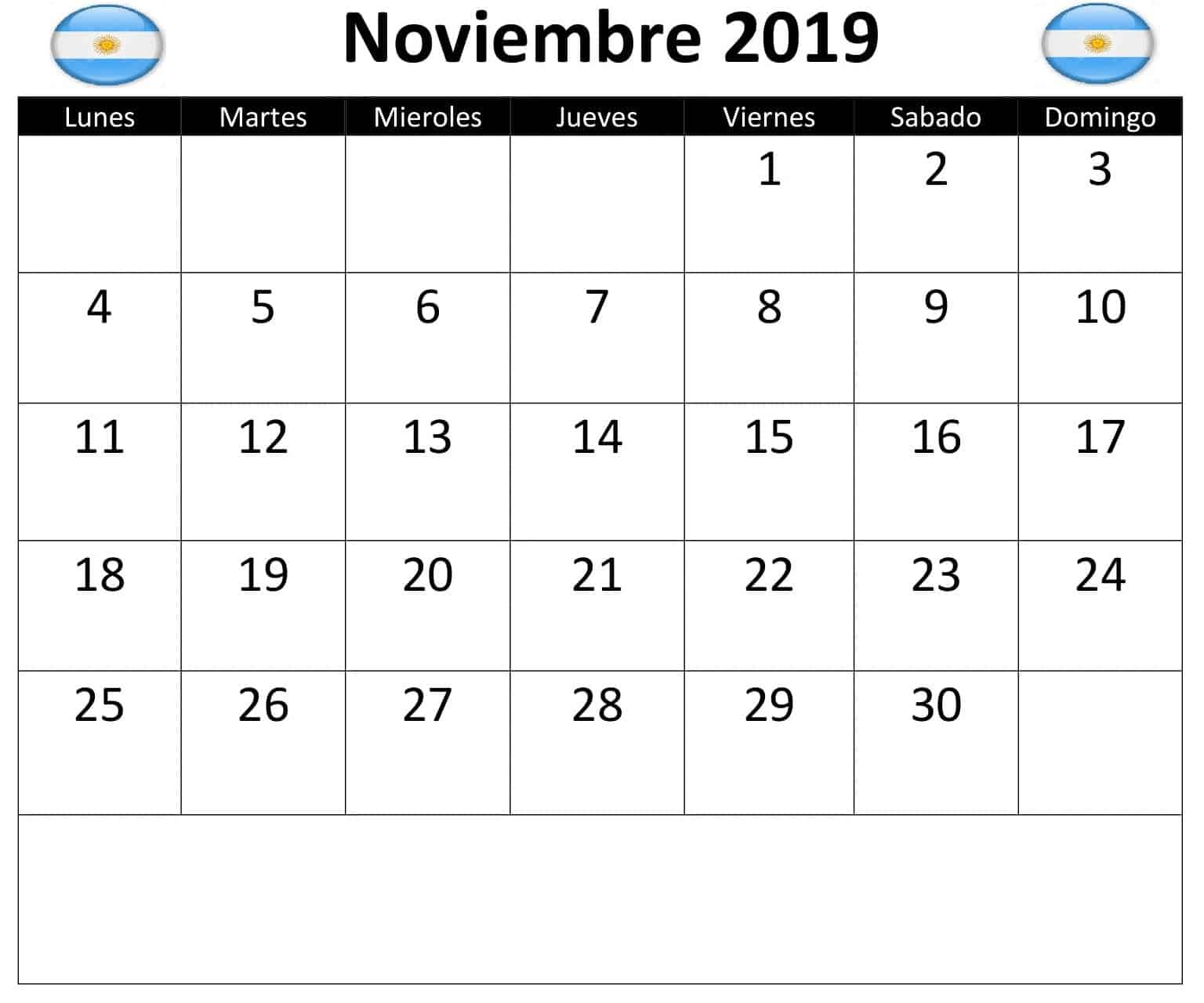 Calendario Noviembre 2019 Argentina 