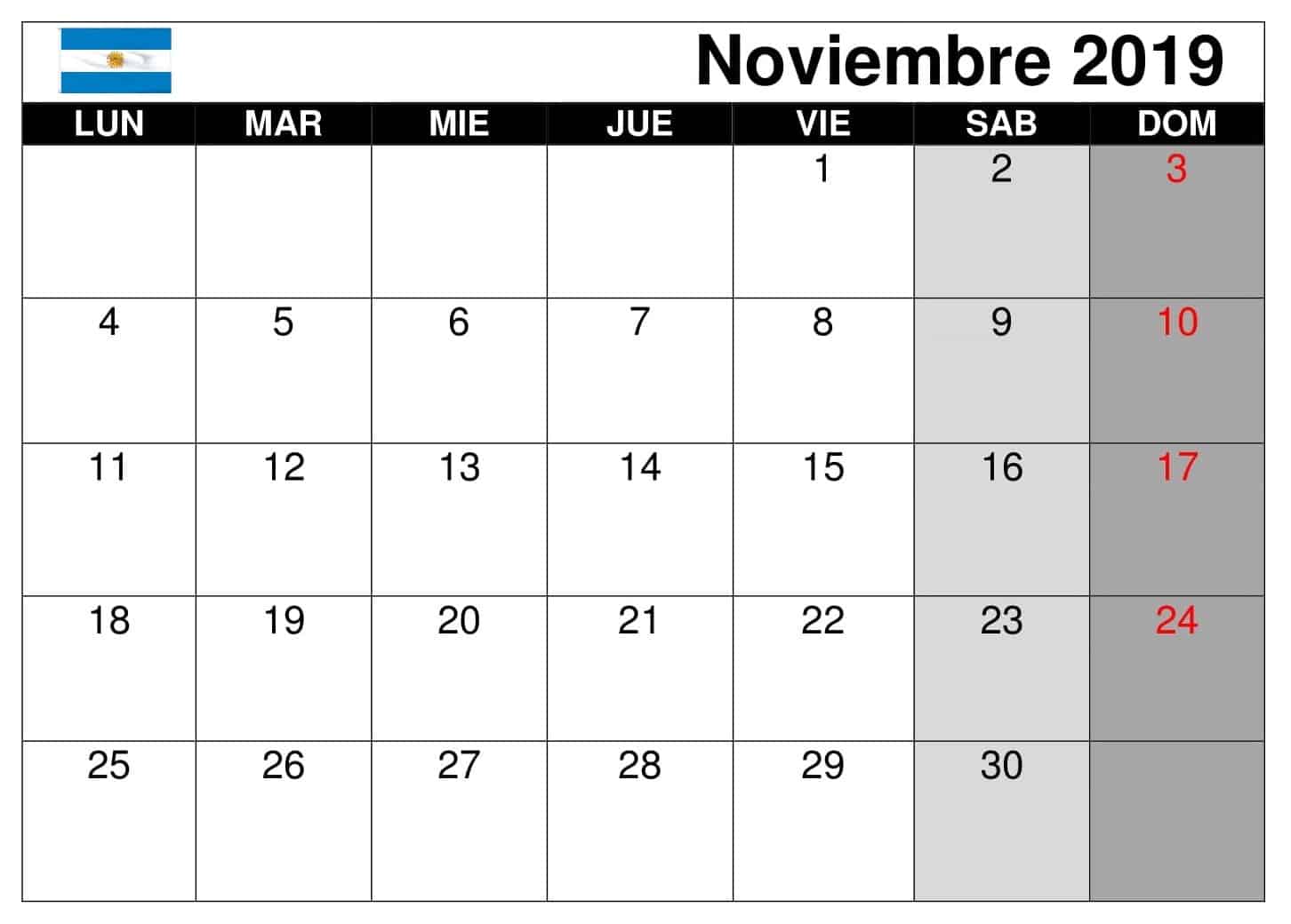 Calendario Noviembre 2019 Argentina 