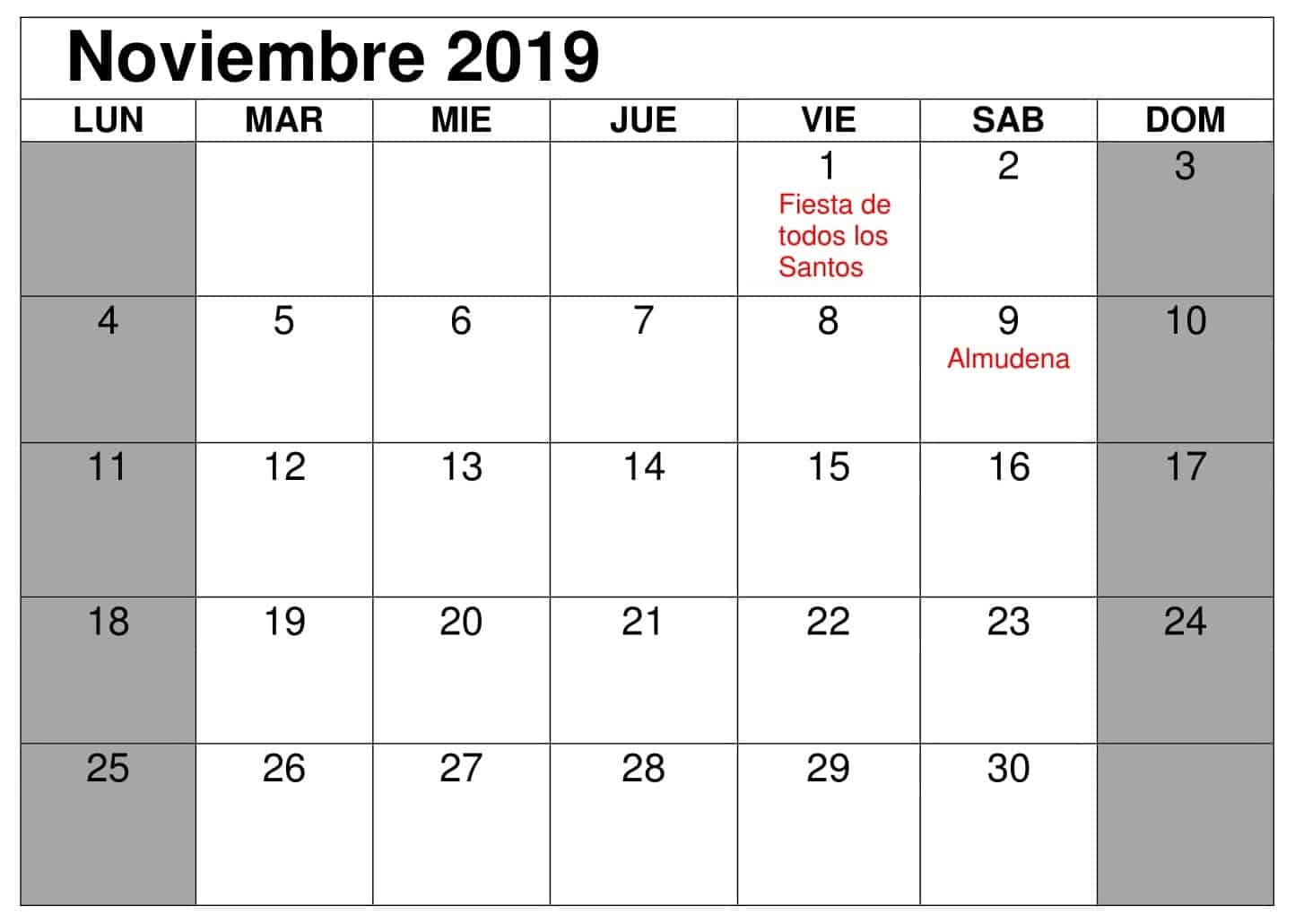 Calendario Noviembre 2019 Con Festivos