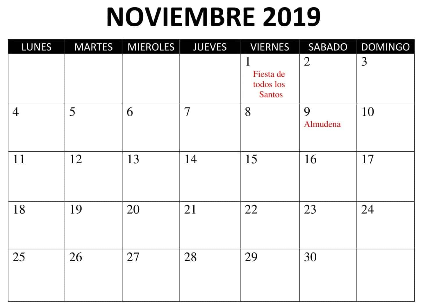 Calendario Noviembre 2019 Con Festivos 