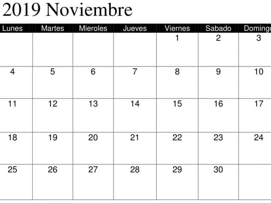 Calendario Noviembre 2019 Para Imprimir