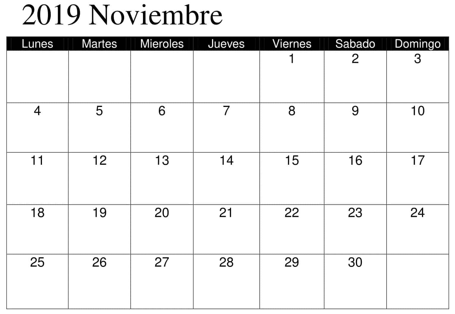 Calendario Noviembre 2019 Para Imprimir 