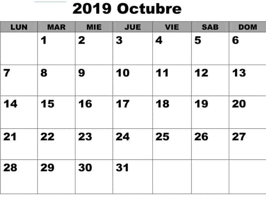 Calendario Octubre 2019 Argentina
