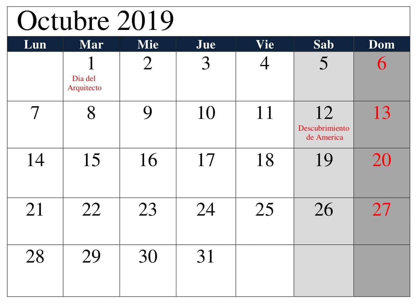 Calendario Octubre 2019 Con Festivos 