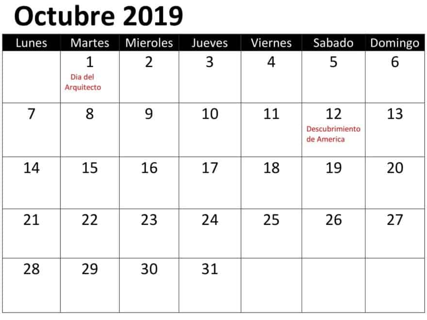 Calendario Octubre 2019 Con Festivos