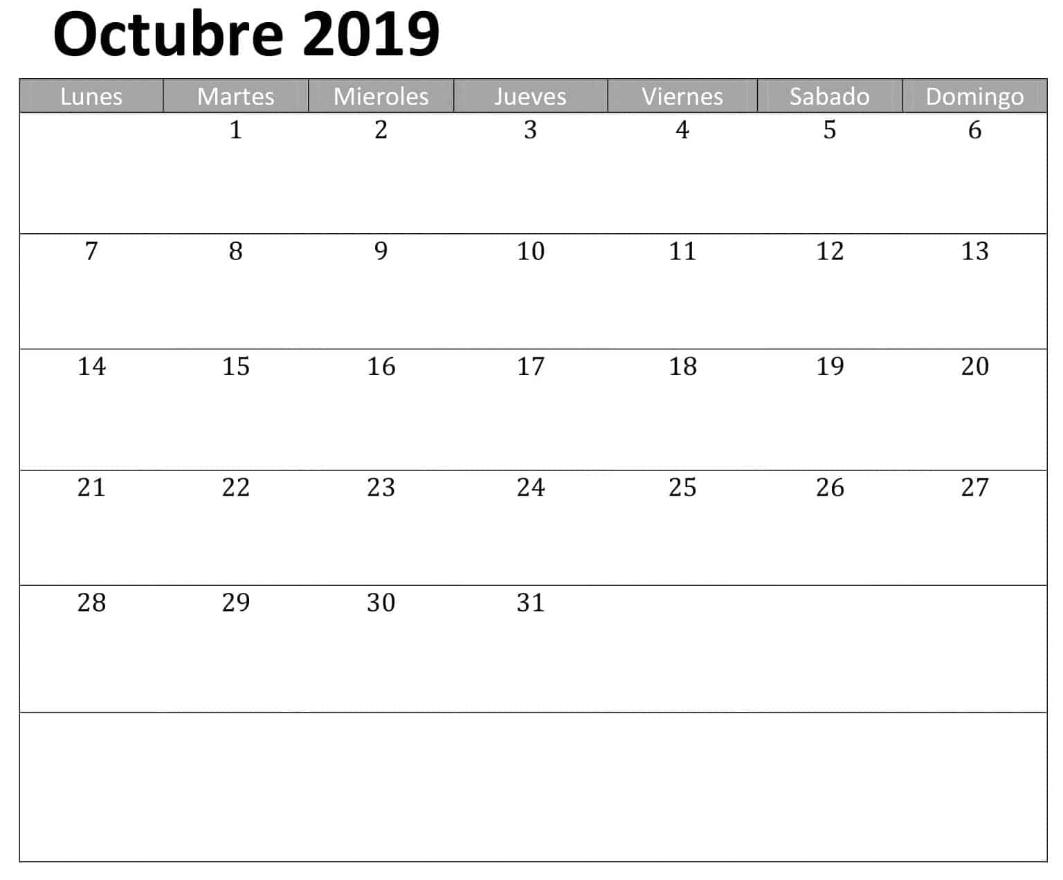 Calendario Octubre 2019 Para Imprimir 
