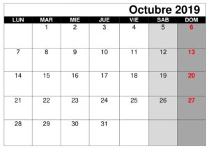 Calendario Octubre 2019 Para Imprimir