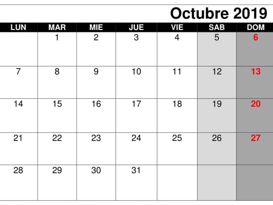 Calendario Octubre 2019 Para Imprimir