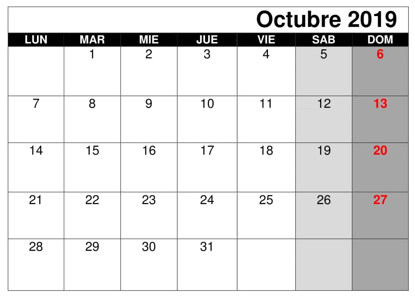 Calendario Octubre 2019 Para Imprimir 