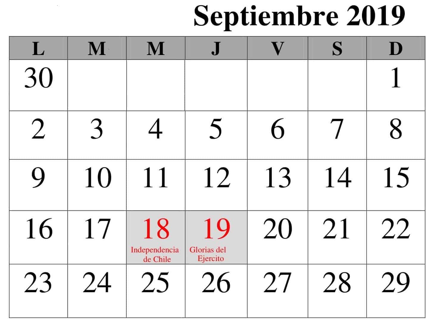 Calendario Septiembre 2019 Chile