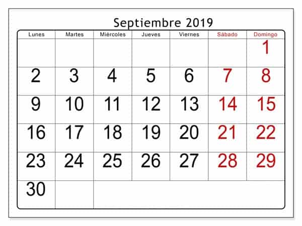 Calendario Septiembre 2019 Estilos Para Imprimir