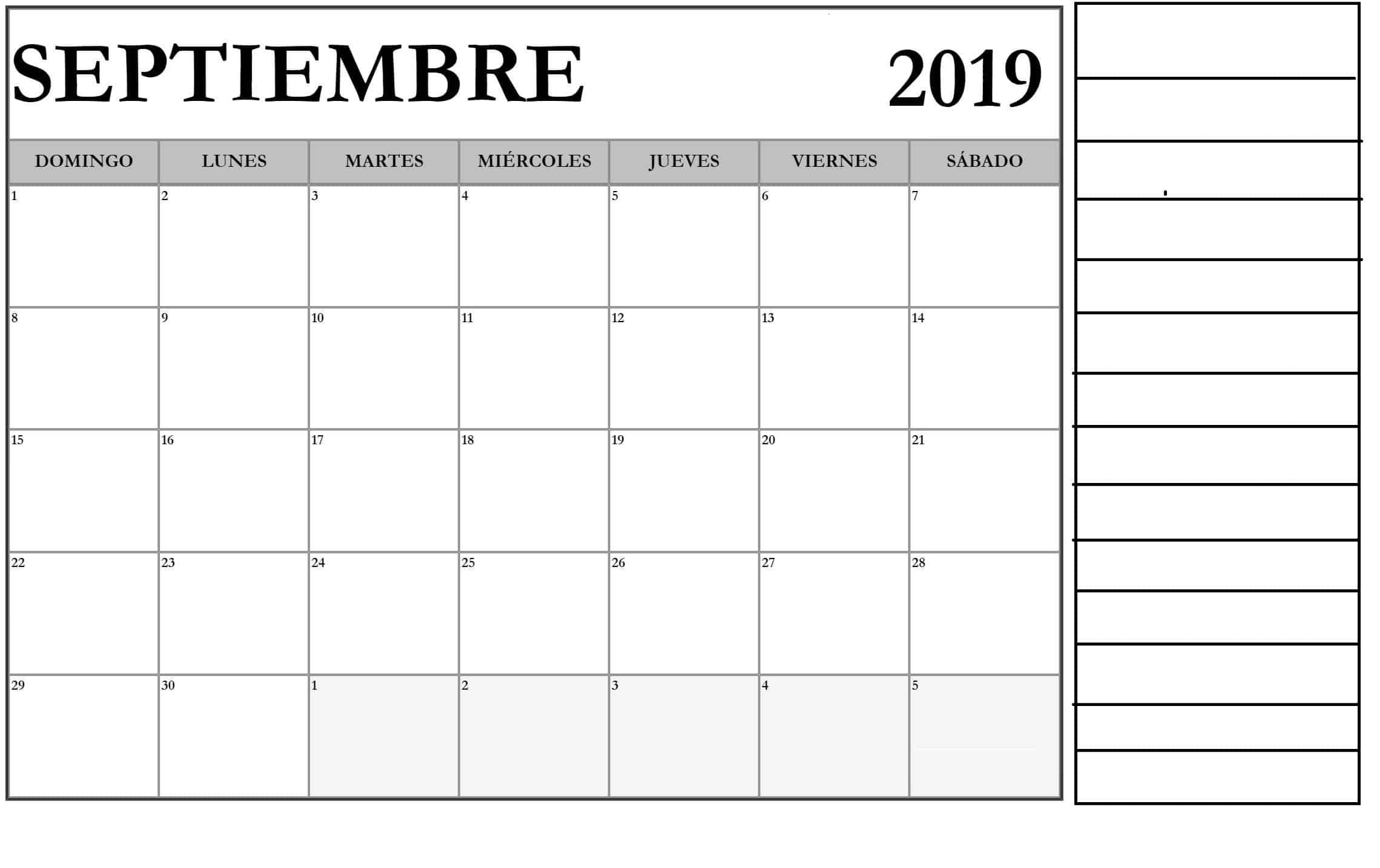 Septiembre 2019 Calendario Gratis Para Imprimir