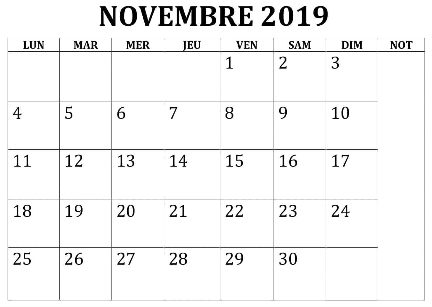 Calendrier 2019 Novembre 