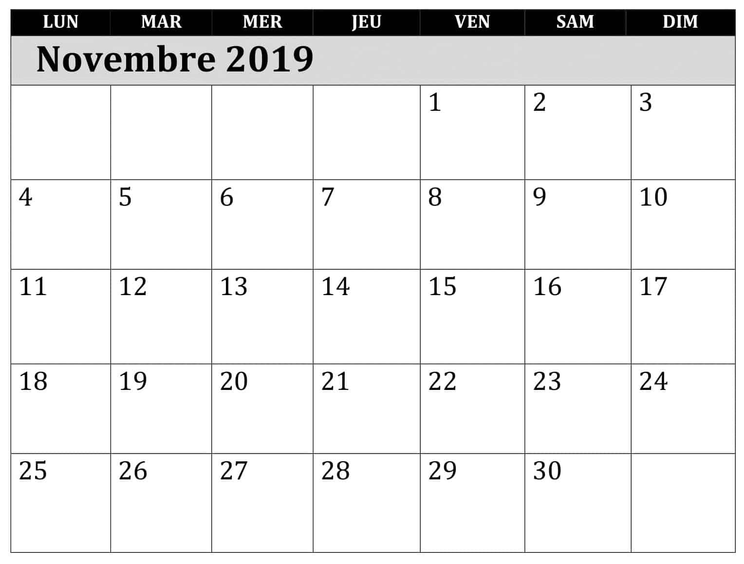 Calendrier Novembre 2019 PDF