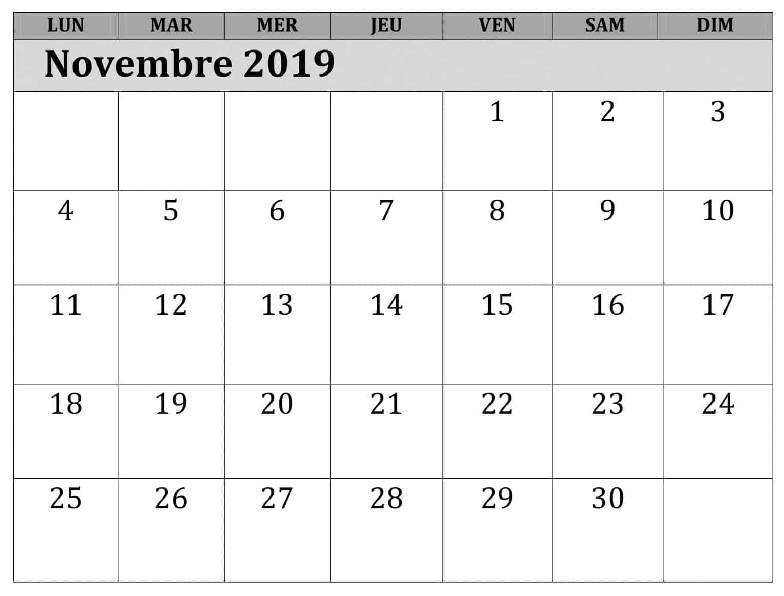 Calendrier Novembre 2019 À Imprimer 