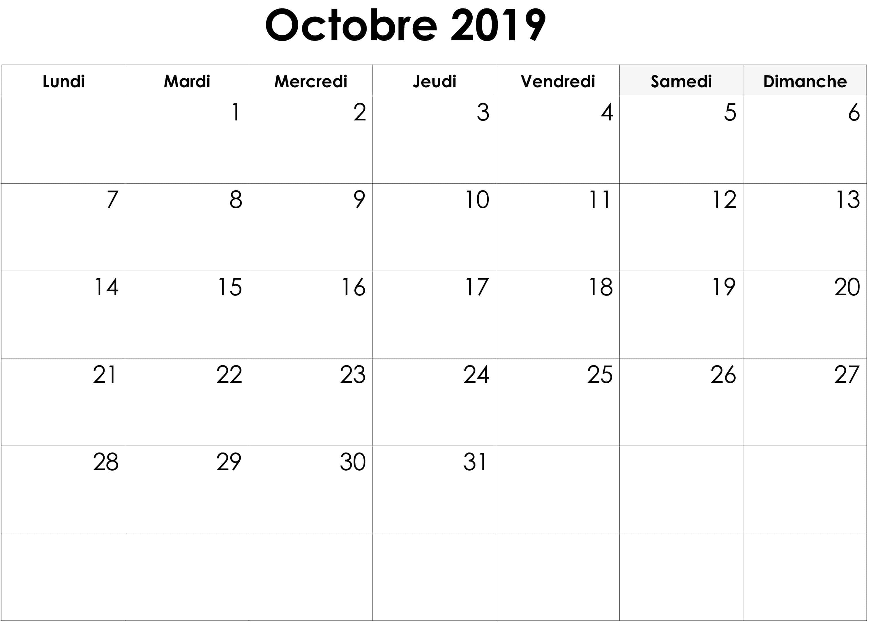 Calendrier Octobre 2019 À Imprimer 