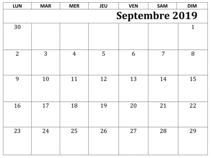 Calendrier Septembre 2019 PDF