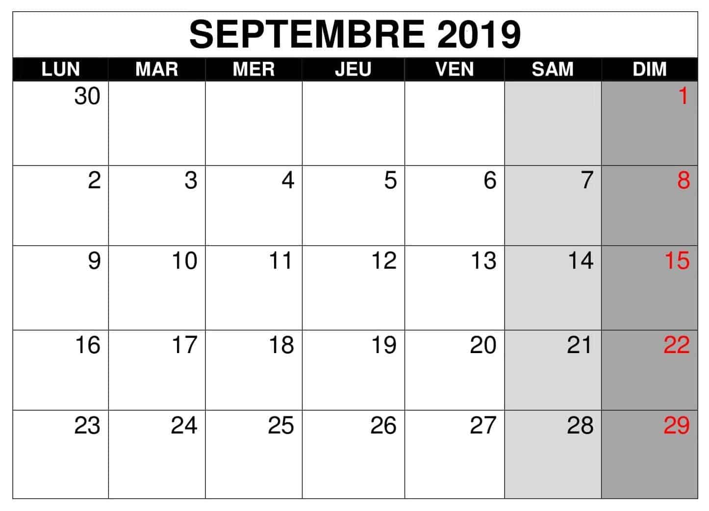 Calendrier Septembre 2019 PDF
