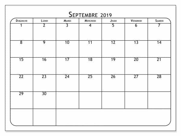 Calendrier Septembre 2019 Gratuit À Imprimer