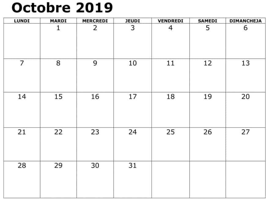 Calendrier Table Octobre 2019 PDF