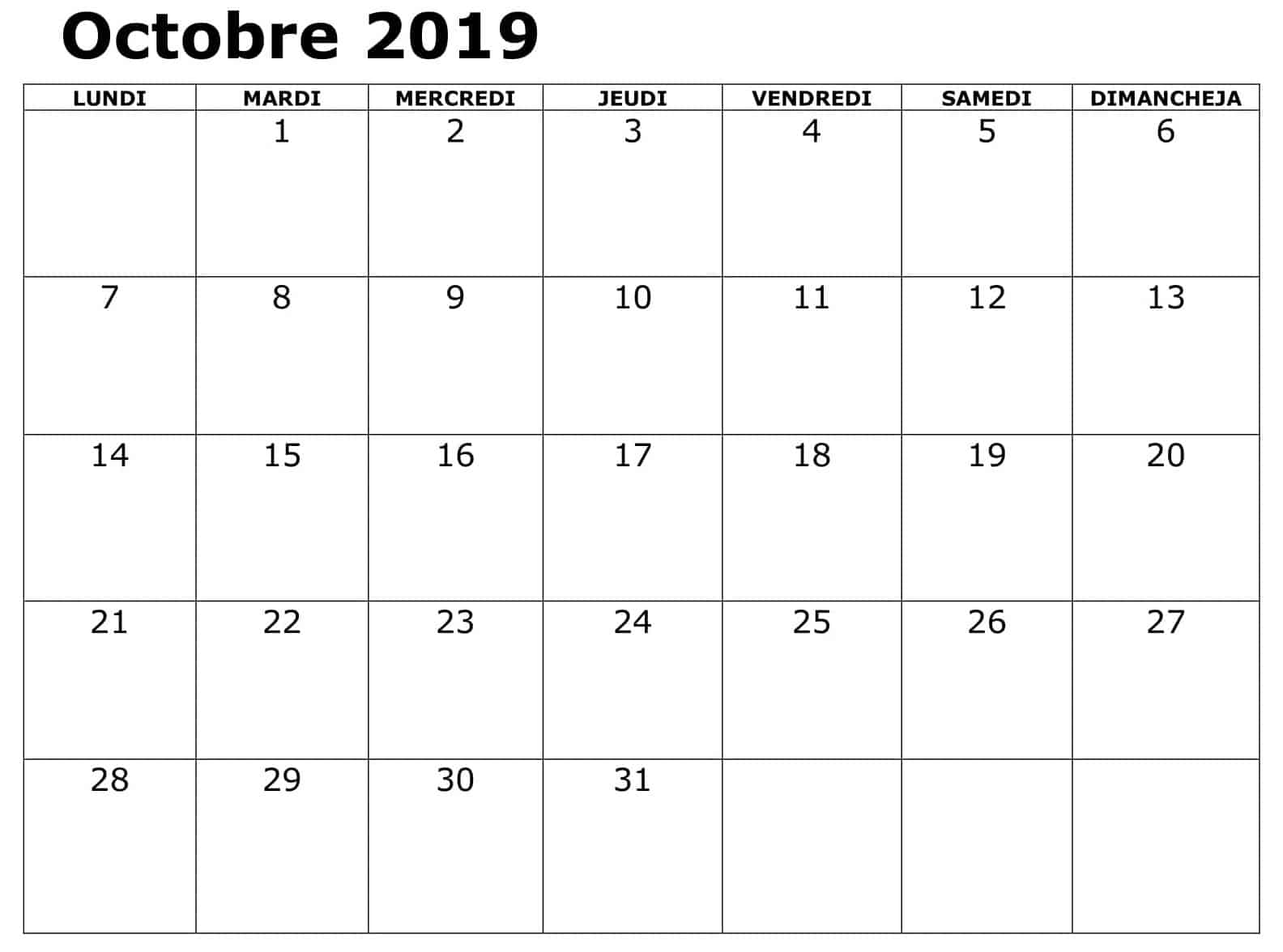 Calendrier Table Octobre 2019 PDF