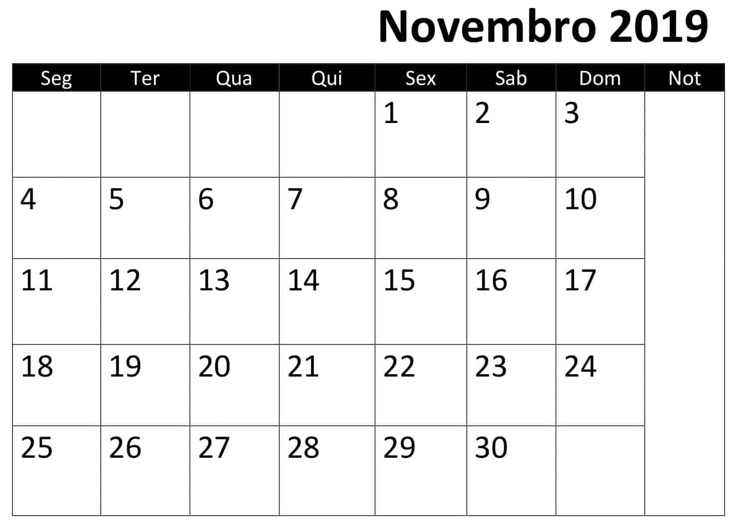 Calendário 2019 Novembro 