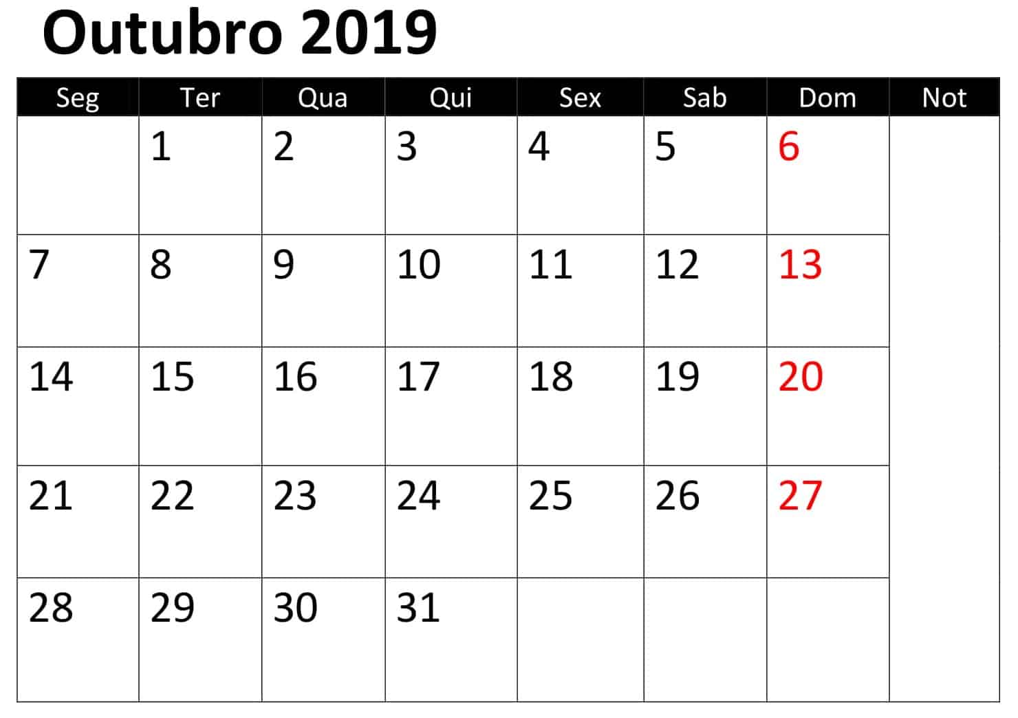 Calendário 2019 Outubro