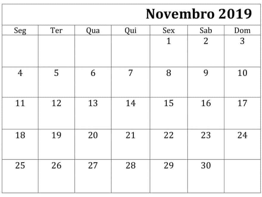 Calendário Novembro 2019 Imprimir
