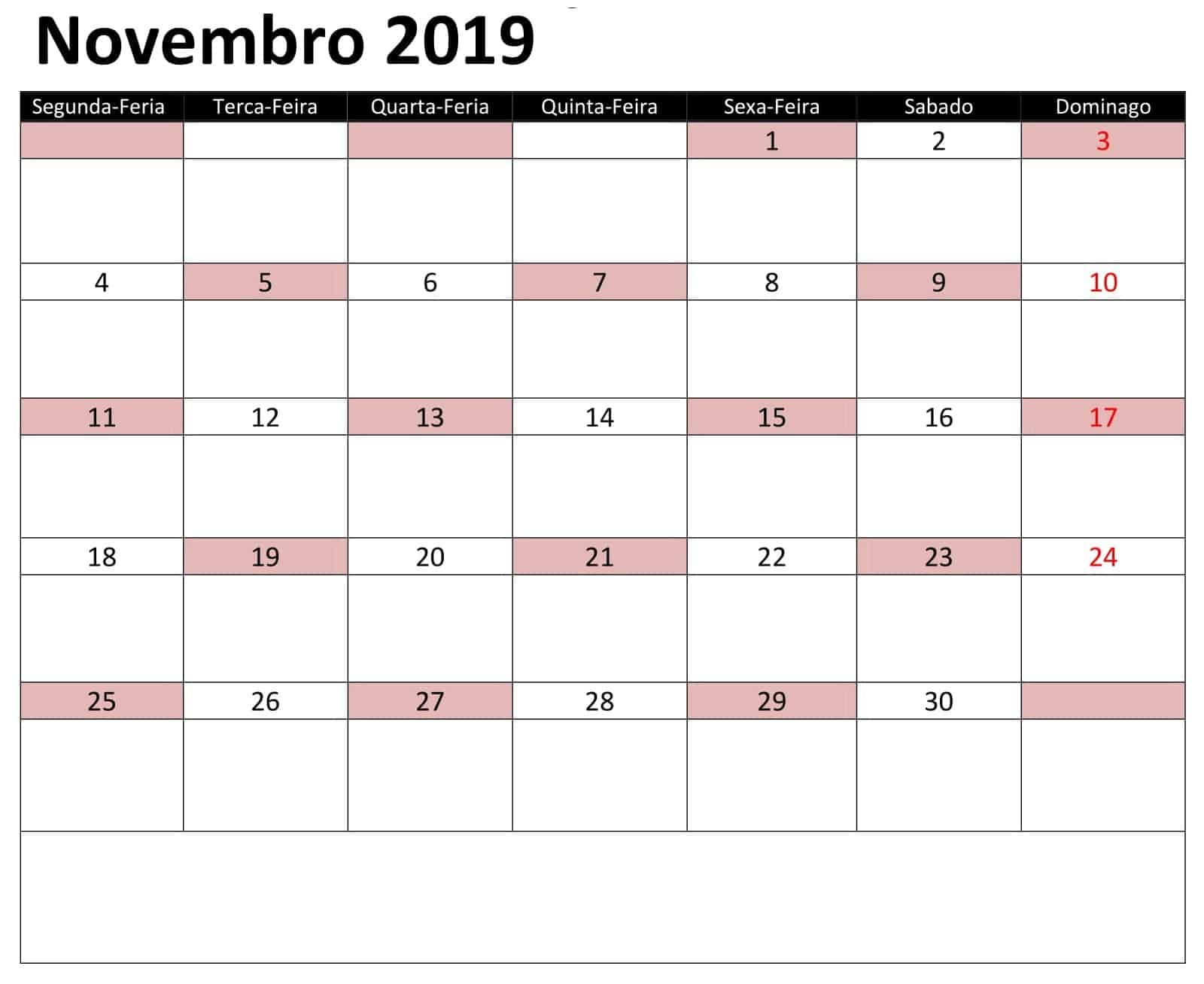 Calendário Novembro 2019 Imprimir 