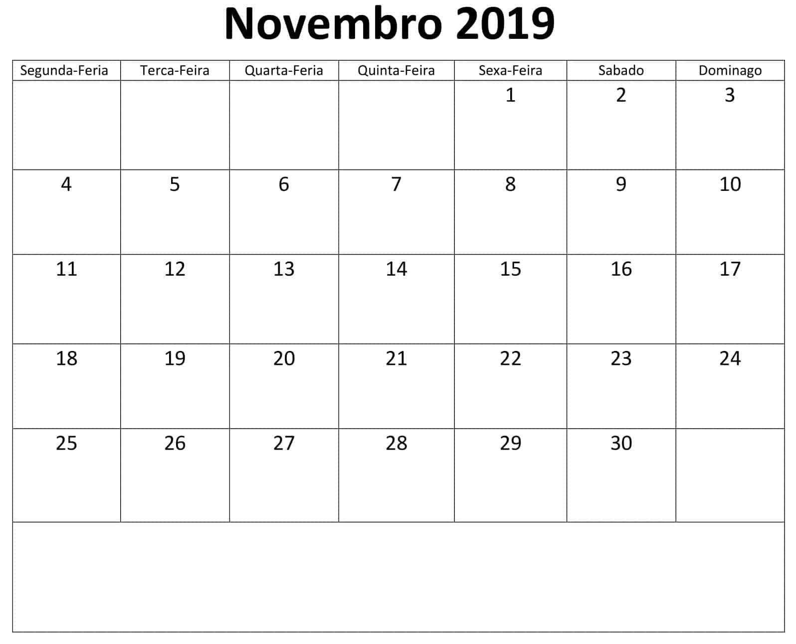 Calendário Novembro 2019 Para Imprimir 