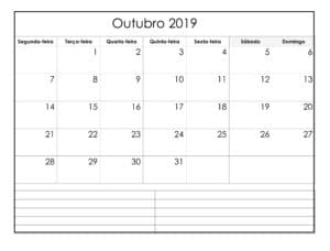 Calendário Outubro 2019