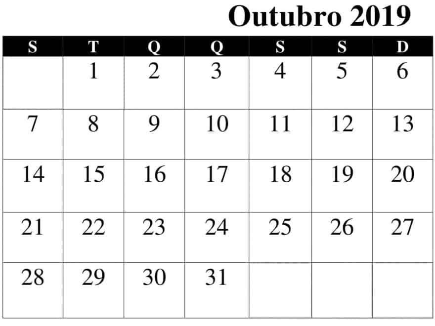 Calendário Outubro 2019 Imprimir