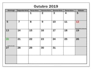 Calendário Outubro 2019