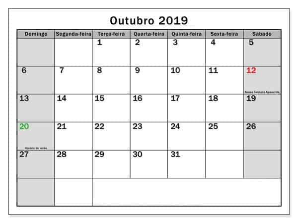 Calendário Outubro 2019 