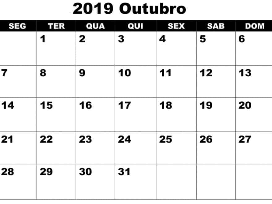 Calendário Outubro 2019