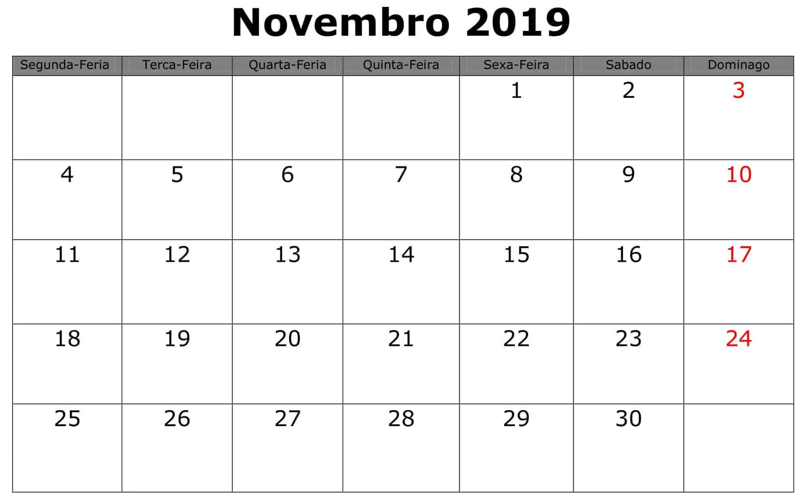 Calendário Novembro 2019 Para Imprimir