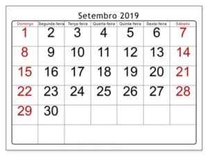 Calendário Setembro 2019 Imprimir