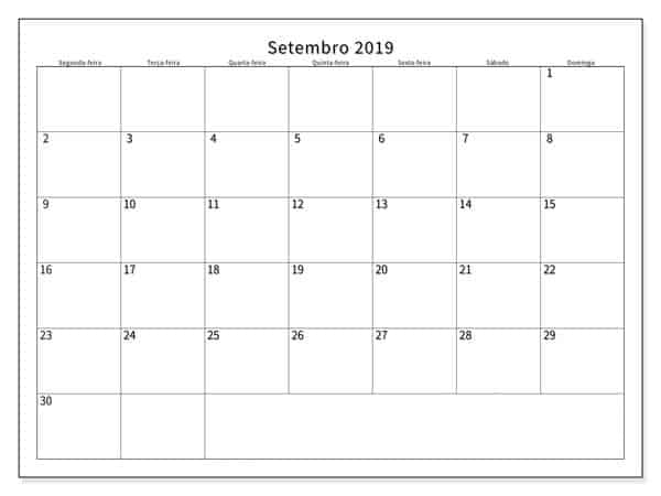 Calendário Setembro 2019 Imprimir