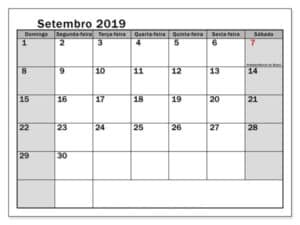 Calendário Setembro 2019 Imprimível Para Imprimir