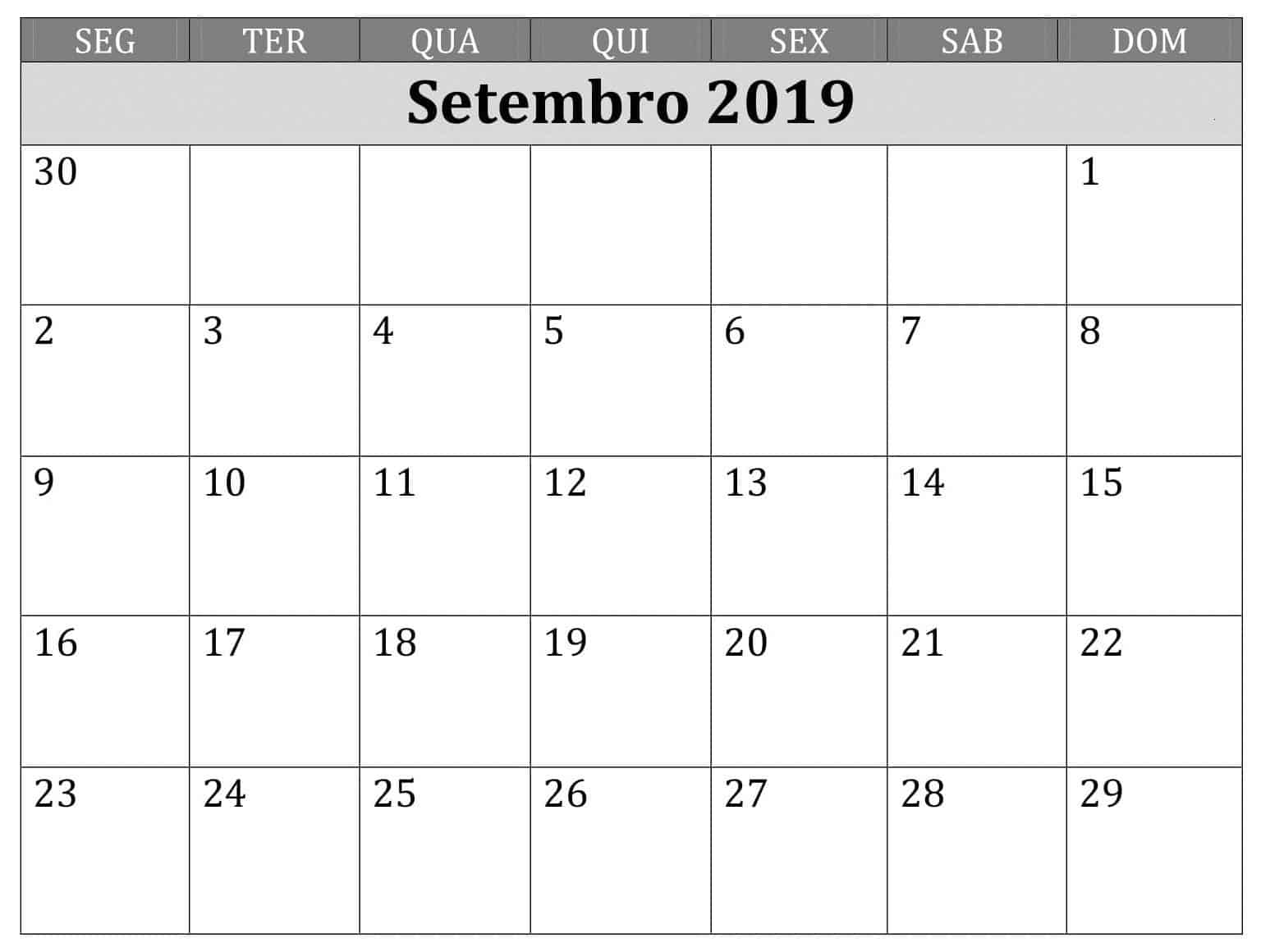 Calendário Editável Setembro 2019 Para Imprimir