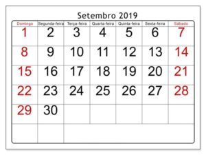 Calendário Setembro 2019 Livre Para Imprimir