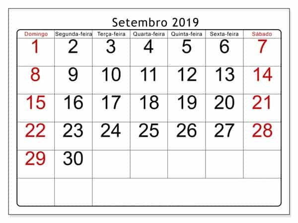 Calendário Setembro 2019 Livre Para Imprimir