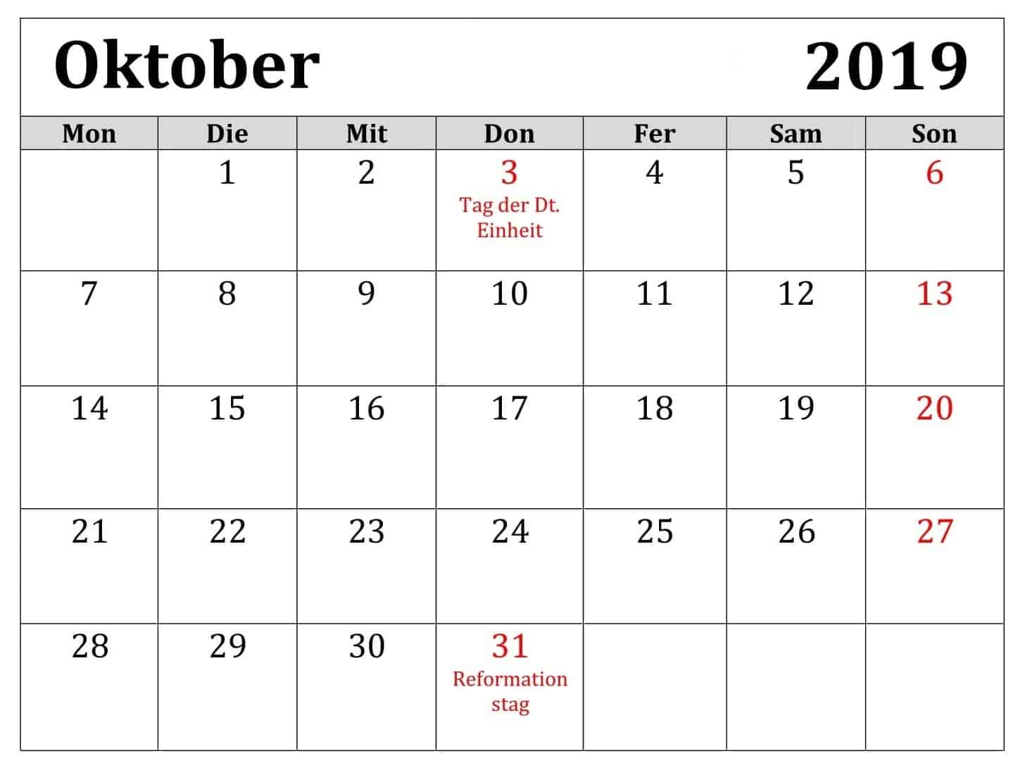  Kalender 2019 Oktober